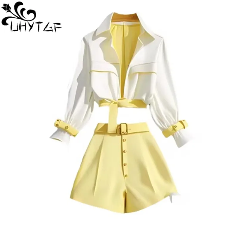 Summer Two Piece Set Casual Office Lady Long Sleeve Shirt Korean Blouse Chic Tops Wide Leg Shorts Womens Two Peice Sets 3064