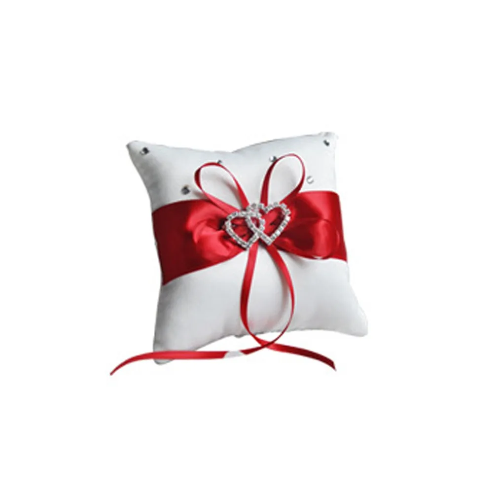 

Romantic Wedding Ring Pillow Sparkling Rhinestones Square Double Heart Ring Bearer Pillow European Bowknot Ribbon Cushion