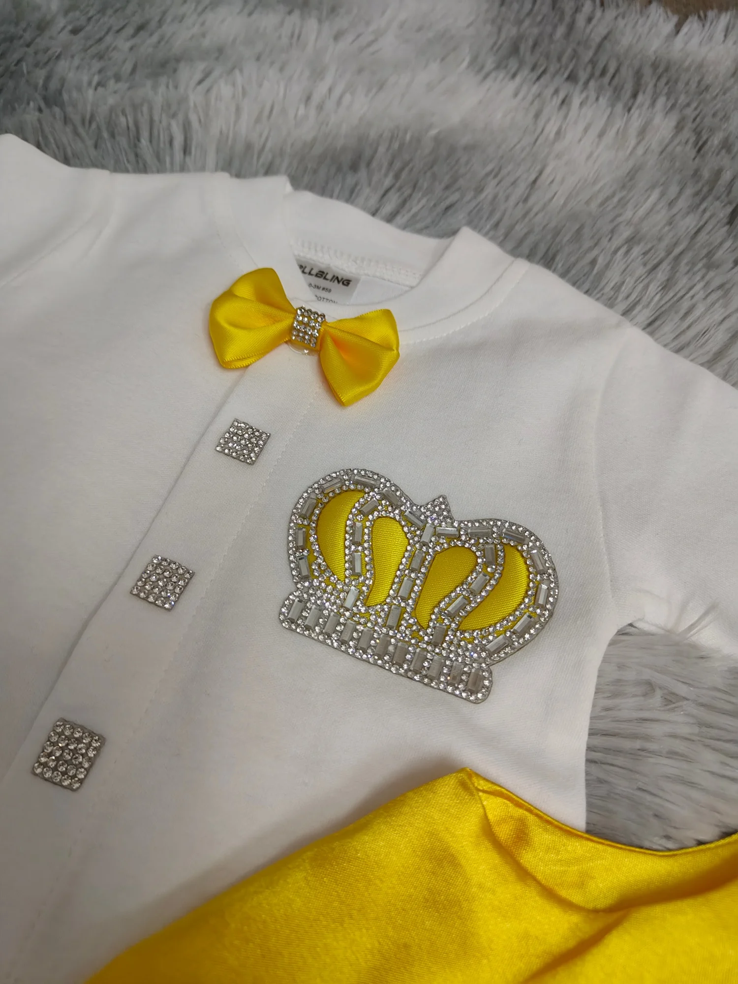 Bright Yellow Satin Vest Rhinestone Crown Baby Formal Suit 0-9 Months 5Pcs White Footed Romper Baptism Gift