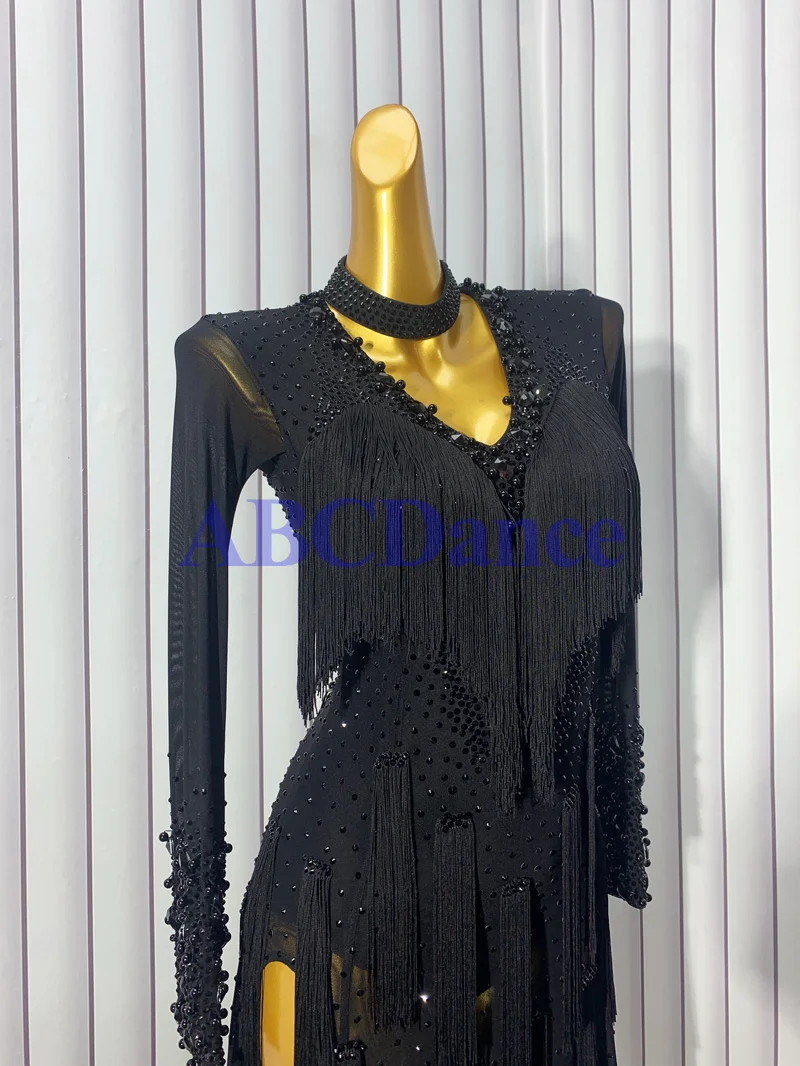 Latin Dance Costume Chacha Dancewear For Competiton Dancing Clothing Black Sexy Dancewear With Fringes And Beads Tube