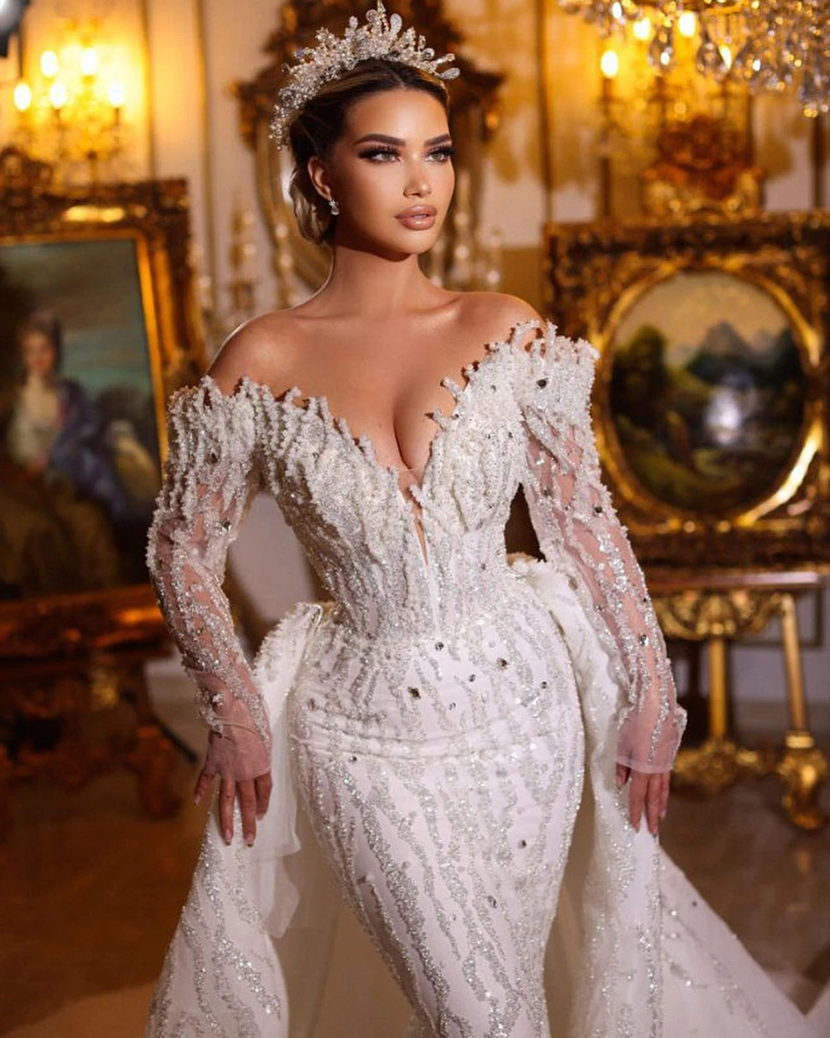 Robe de Mariée Sirène à Col en V, Magnifique, à Rayures Brillantes, Paillettes, Perles, Sur Mesure, Grande Taille, Éducative