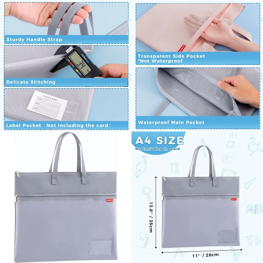 Custodia pendente con cerniera in rete, formato A4, grande, doppia tasca, impermeabile, con manico, 11x13,8 pollici, pieghevole, per riporre documenti