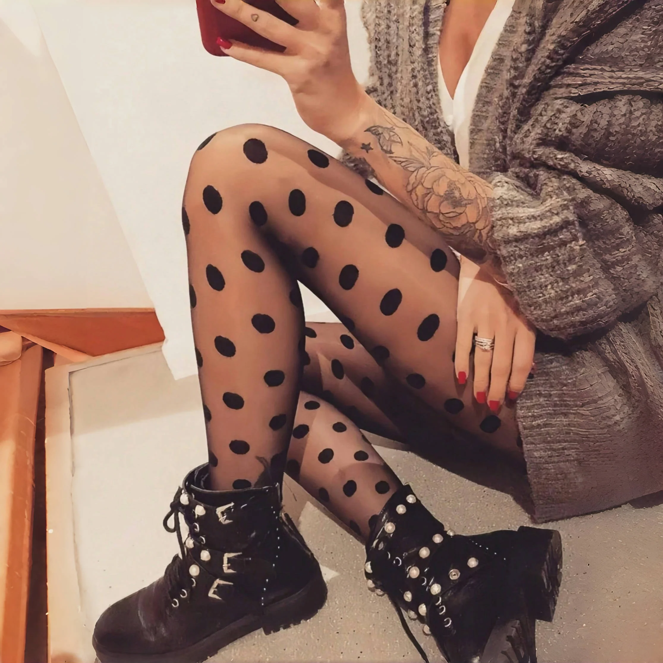 1 Piece Gentle Summer Big Round Polka-Dot Jacquard For Slimming Pantyhose Lady