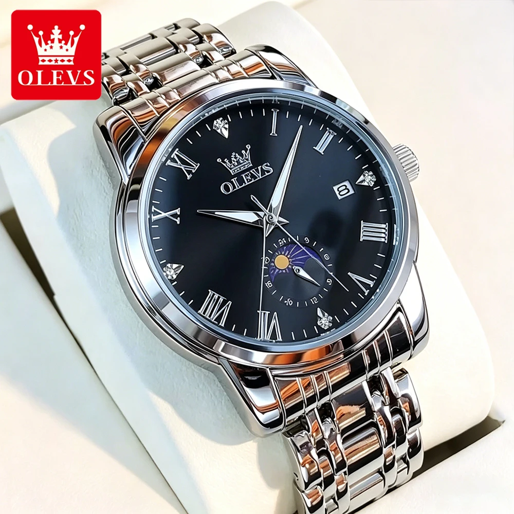 

OLEVS Men's Watches Casual Fashion Stainless Steel Original Brand Quartz Wristwatch for Man Waterproof Luminous Moon Phase 3656