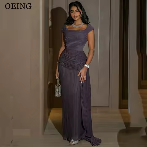 OEING Elegant Mermaid Prom Dress Purple Square Collar Sleeveless Pleats Evening Dresses فساتين سهرة Customized