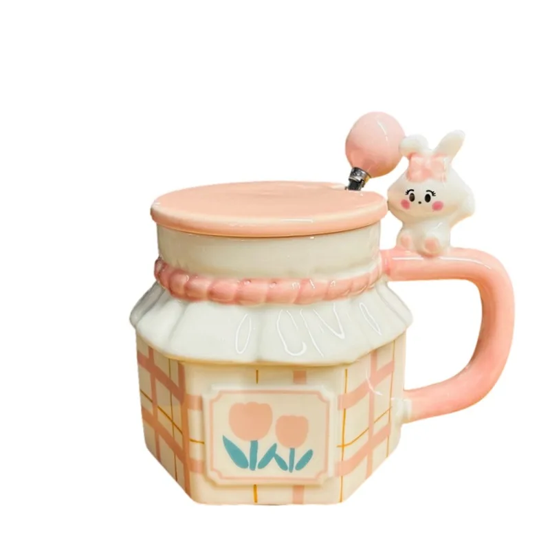 Rabbit Couple Tulip Cup Souvenir Birthday Gift Girls Office Water Cup Ceramic Mug with Lid