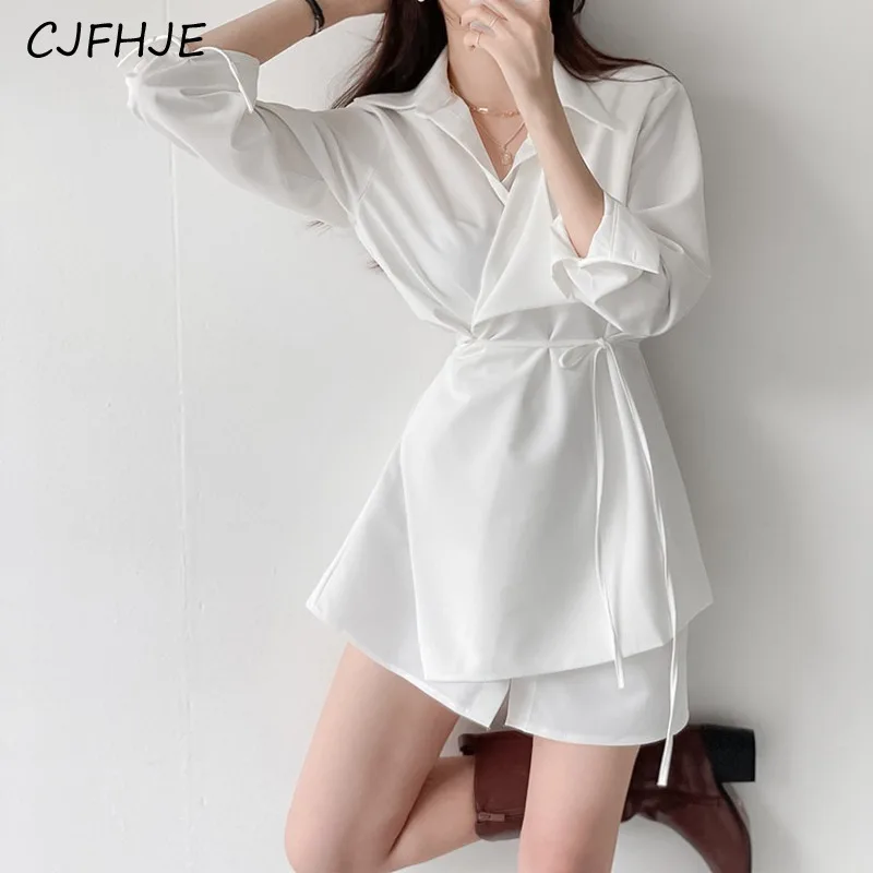 CJFHJE Fashion Elegant Women's Flip Collar Single Breasted Lace Up Dress Korean Classic Irregular Solid Color Women A-line Dress