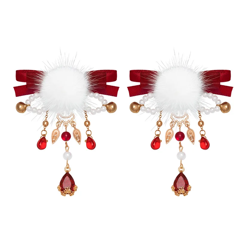 1 زوج مشبك شعر الكرة القطيفة مع Bowknot الأحمر شرابة دبوس الشعر الصينية Hanfu إكسسوارات الشعر الفتيات خمر مجوهرات الزفاف الشعر #5