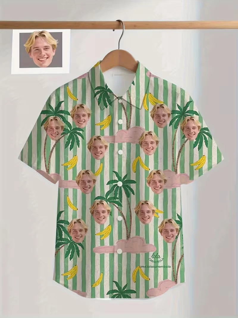 Summer Vibe Personalized Face Hawaiian Shirt Tropical Palm Banana Print Customized Diy Photo Button Up Lightweight Aloha Shirts