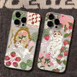 Korean Painted Cat Strawberry Case for Samsung Galaxy S26 S25 S24 S23 S22 FE Ultra A17 A37 A57 A16 A56 A36 A15 A35 A55 5G Cover
