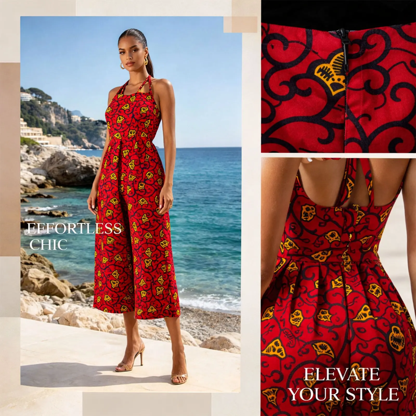 2026 African Clothing Women Jumpsuit AFRIPRIDE Sleeveless Halter Ankle-length Wide Leg Casual Cotton Jumpsuit for Women A722908