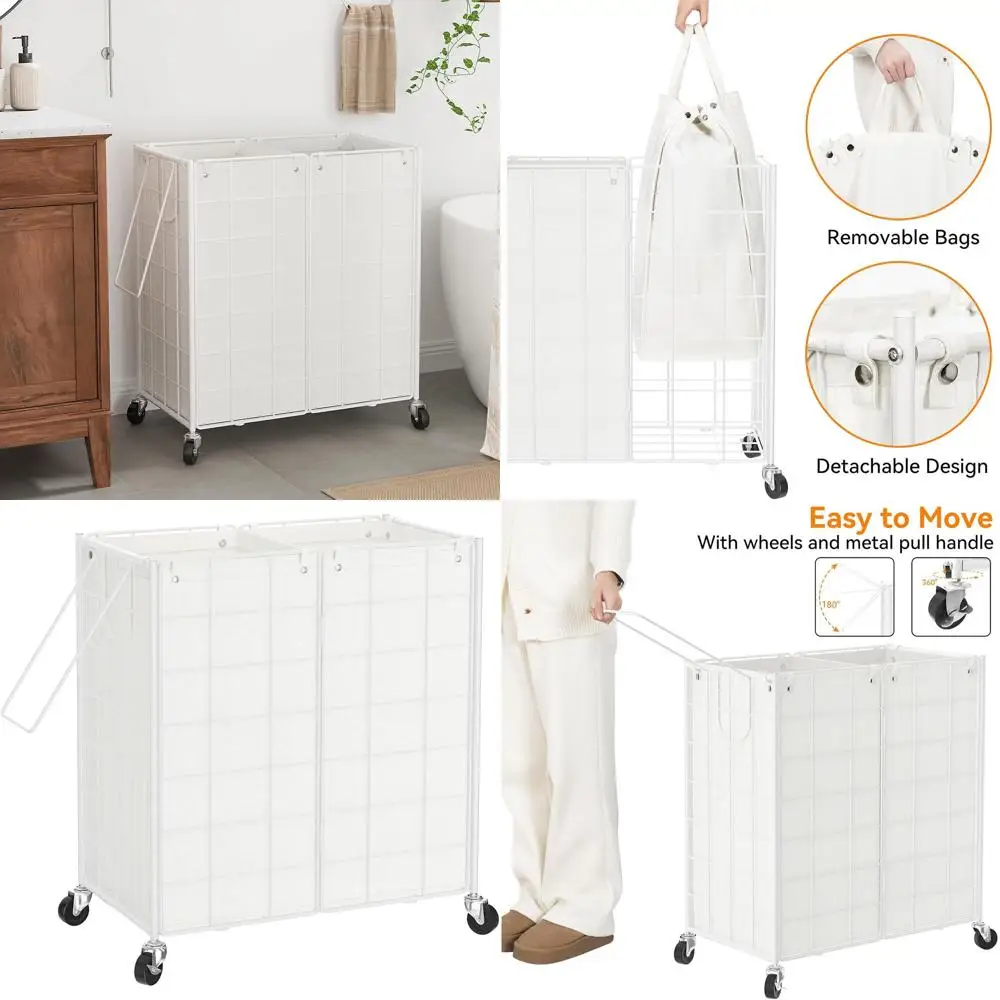 

Rolling Metal Frame Laundry Hamper with 2 Detachable Bags, 120L Capacity for Dorm and Home Storage in White