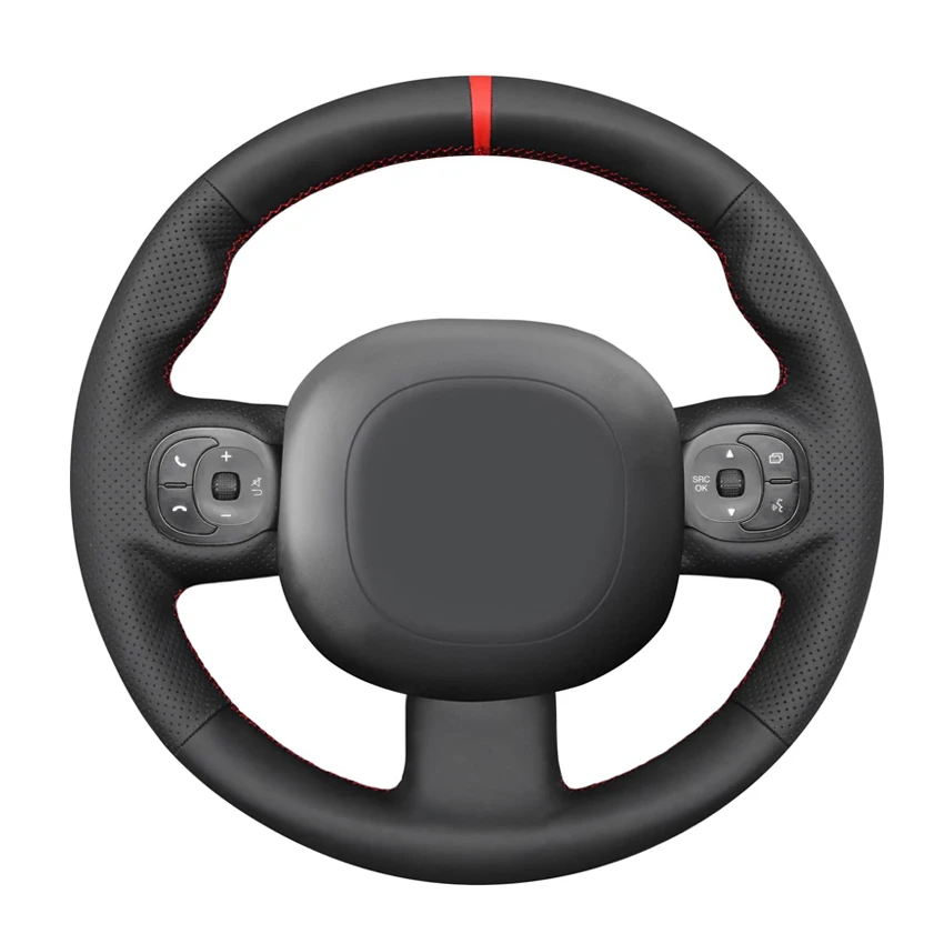 Black Faux Leather Hand-stitched Car Steering Wheel Cover For Fiat Panda 2011-2024