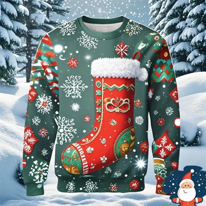 

New Christmas Stocking 3D Printed O-Collar Hoodie 2025 Hot Selling Funny Men's Christmas Gift Ugly Sweater Oversized Womens Tops