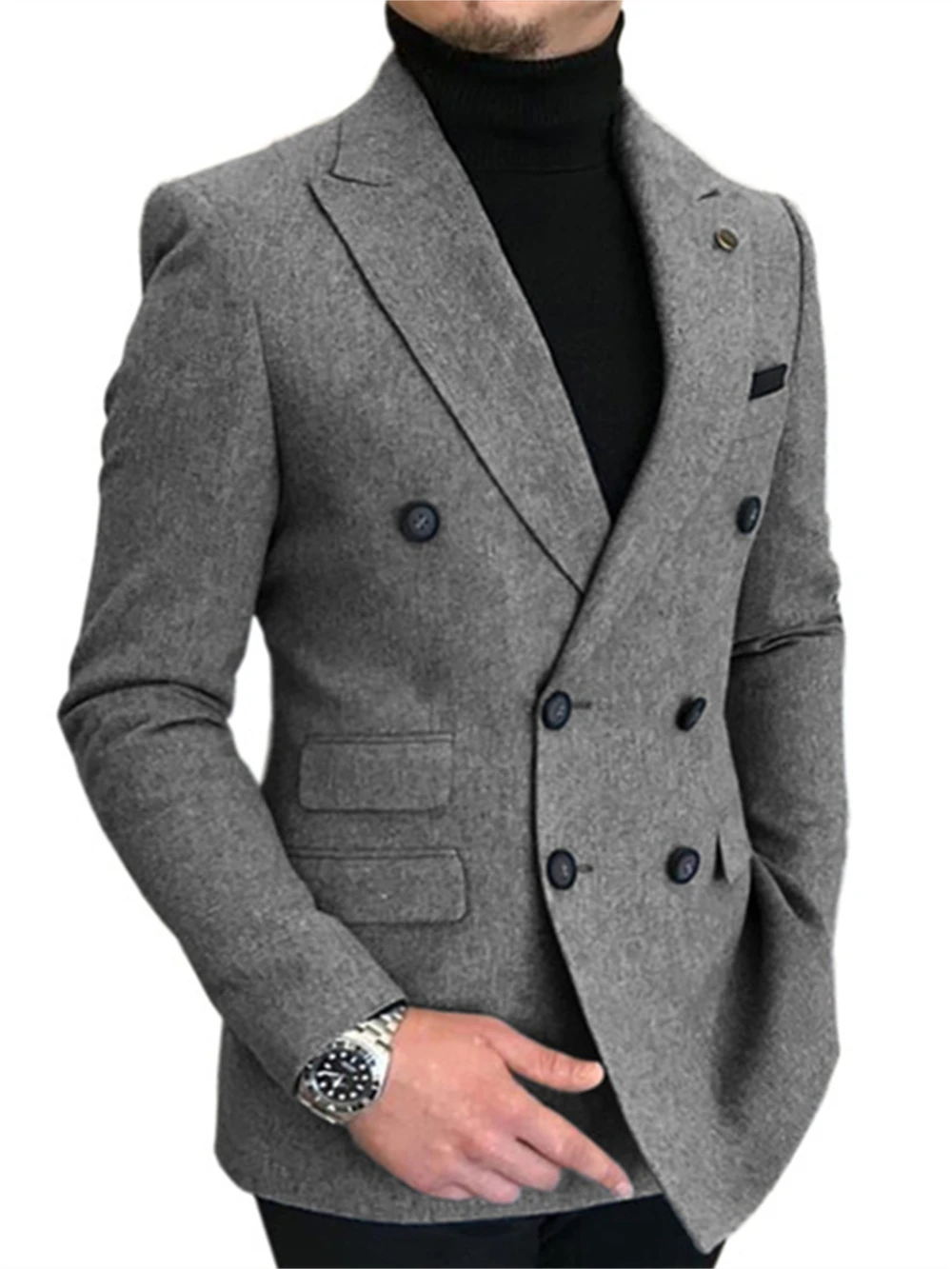 Trendiger Herringbone-Anzug-Blazer für Herren, zweireihige Anzugjacke in Übergröße, formeller, schmal geschnittener Herbst-Winter-Anzug, Smoking