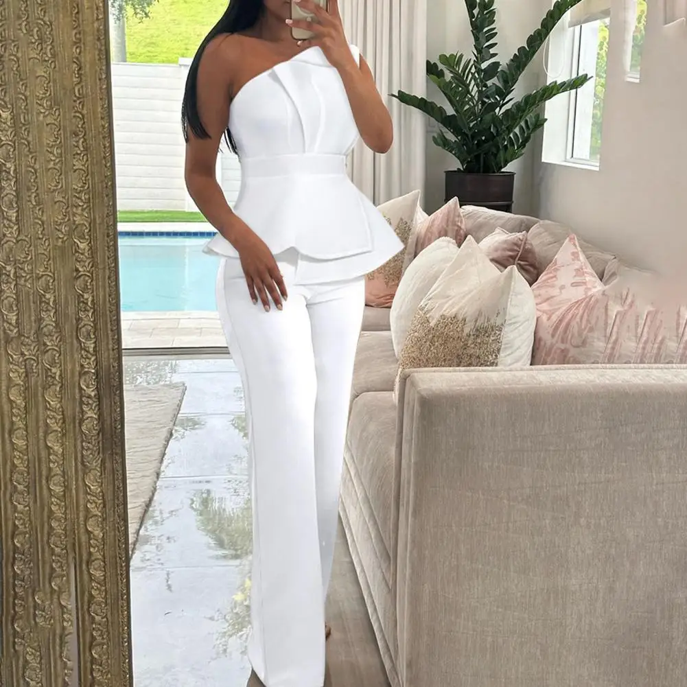 Summer Pants Suit Elegant One Shoulder Top Pants Set for Women Formal Party Banquet Outfit with Slant Neck Design Tight Waist