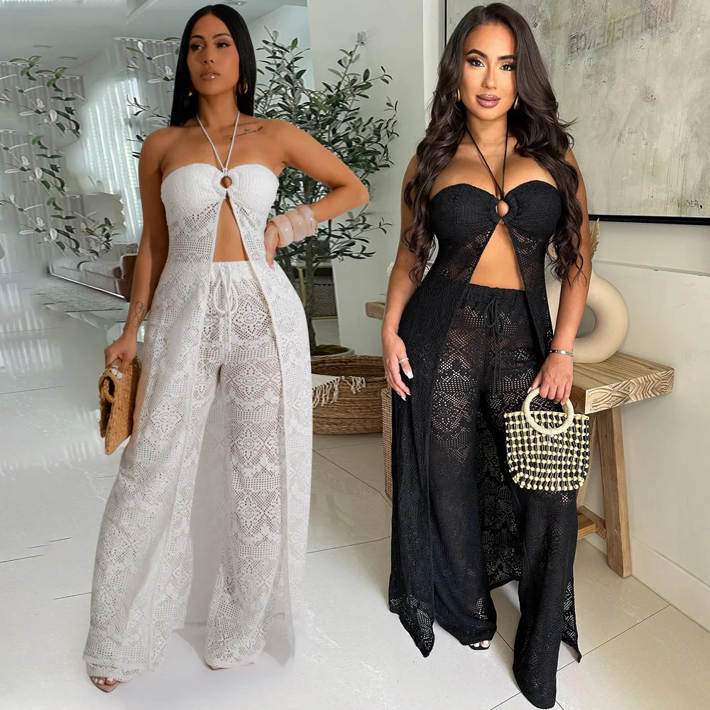 

Sexy Women's Two-piece Fashionable Lace Up Top Paired with Loose Wide Leg Pants Set for Summer 2025