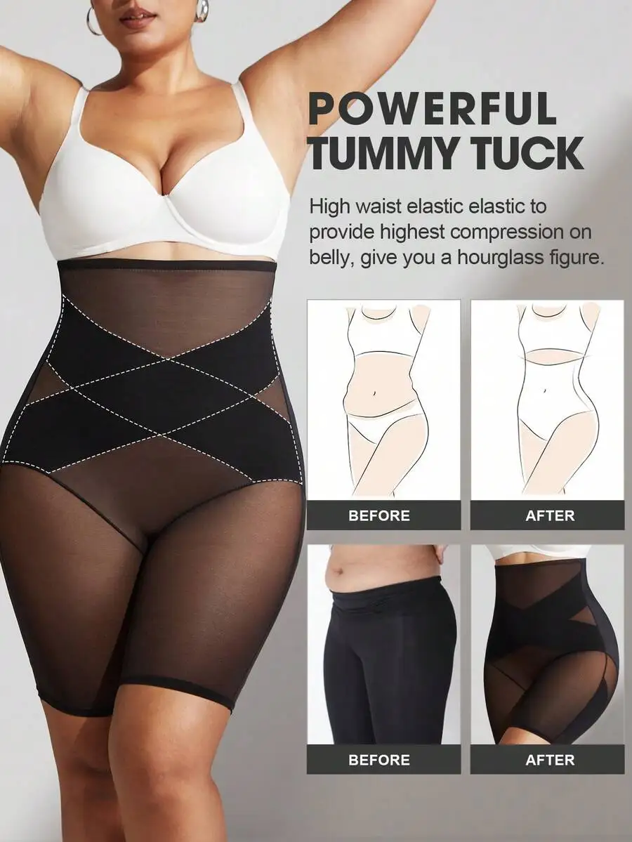 

Plus Size High-Waist Black Sheer Mesh Shapewear With Crisscross Tummy Compression, Waist Slimming And Butt Lifting For