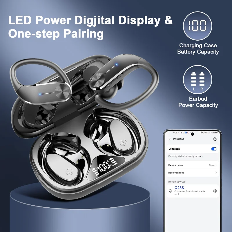 

Эргономичные Bluetooth-наушники с заушными креплениями, комфортная посадка, Hi-Fi басы, водонепроницаемость IPX7, спортивные наушники с LED-кейсом для зарядки