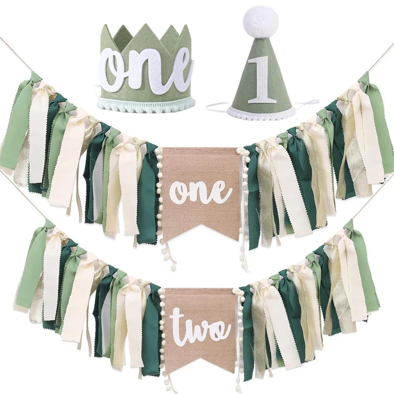 1 סט דגל כיסא גבוה כובע יומולדת 1st מסיבת יומולדת לתינוק מסיבת רחצה ירוקה תפאורה פוטוגרפית