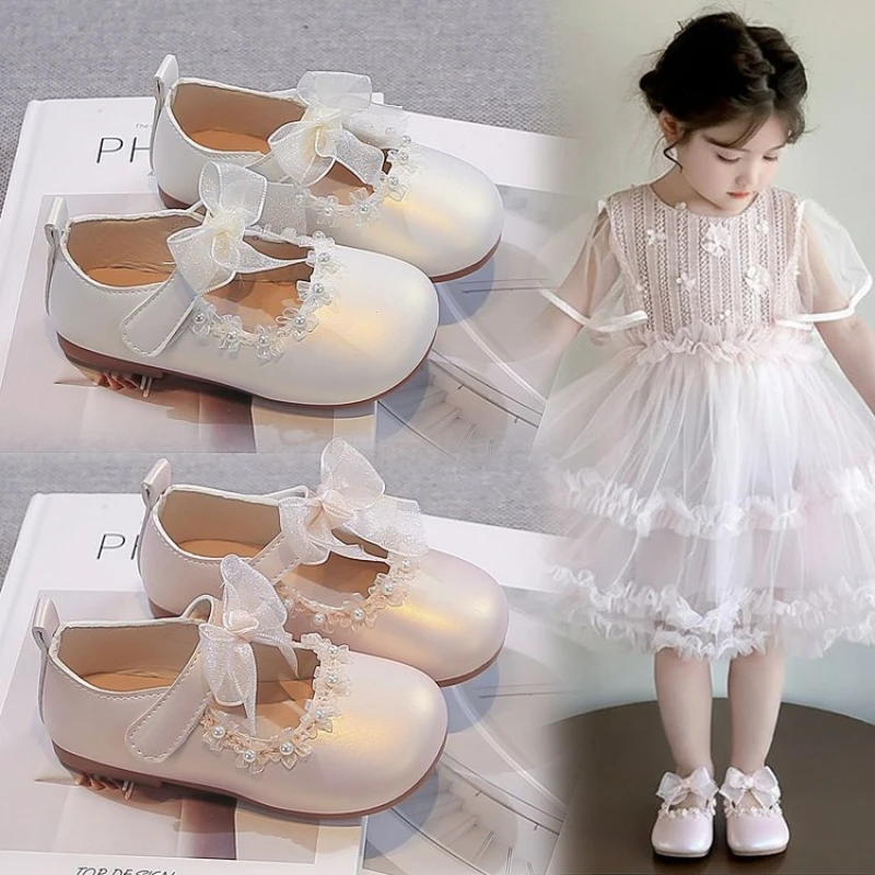 

Girls Leather Shoes 1-18 Years Old Pink Bow Pearl Flowers Girls Performance Shoes with Shoes Box Soft Children Baby Flat Shoes