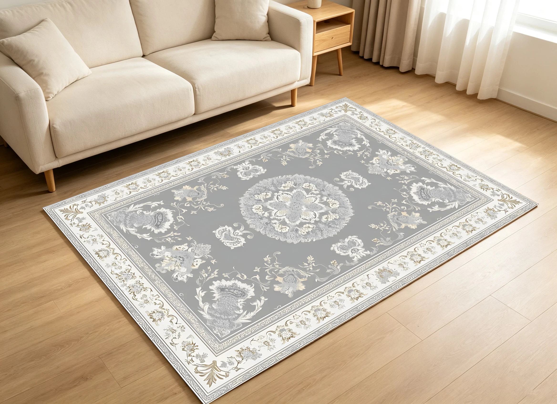 2D Large Rug in Gray European Retro Pattern, Soft & Comfortable, for Living Room & Bedroom, Enhances the Space & Adds a
