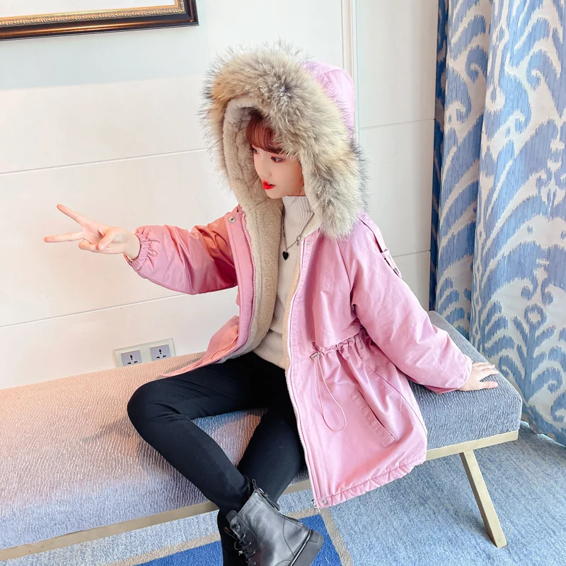 Parkas Coats Padded Jacket Girl 2023 Winter New Fashion Hooded Big Fur Collar Draw String Solid Plus Velvet Warm Outerwear