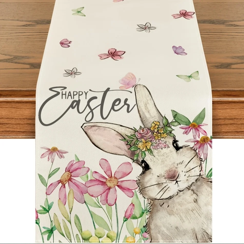 1pc Daisy Bunny Rabbit Easter Table Runner Seasonal Spring Kitchen Dining Table Decoration For Home Party Decor Size: