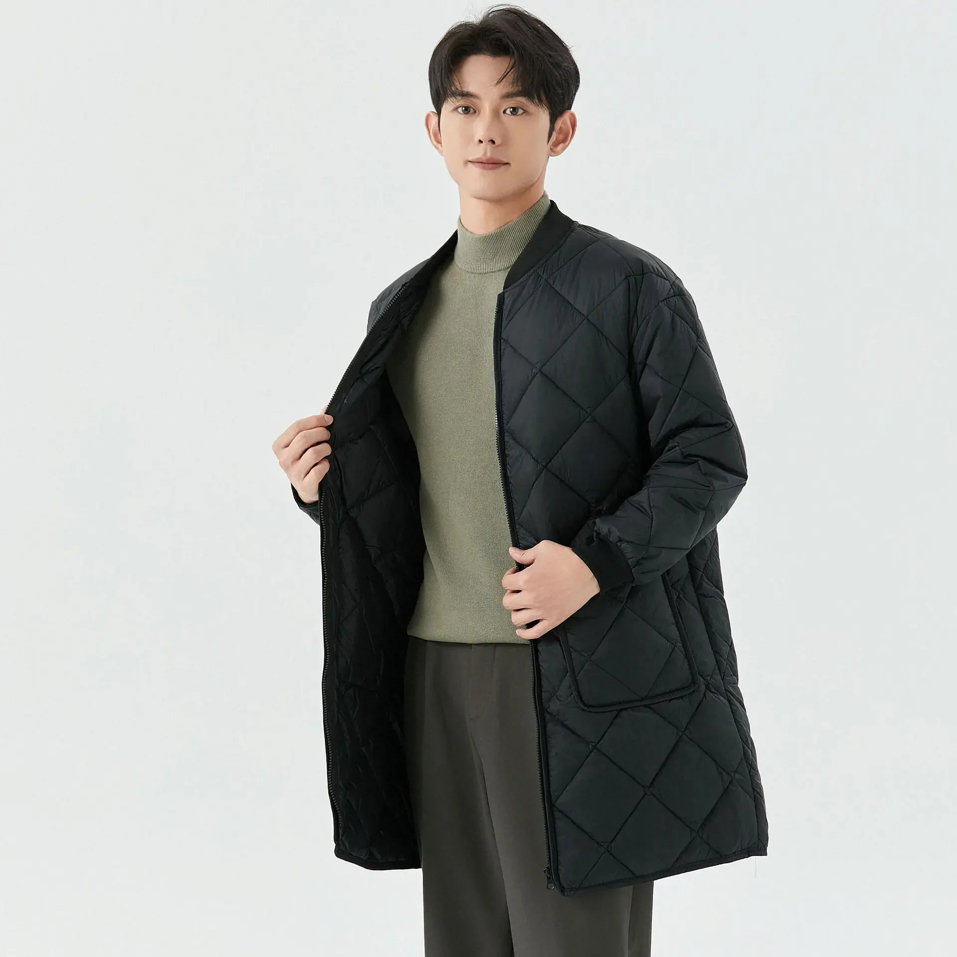 

Winter Men Jacket Simple Solid Color Plaid Stand Collar Male Coat Mid Length Long Sleeve Pocket Warm Two-sided Man Outerwear