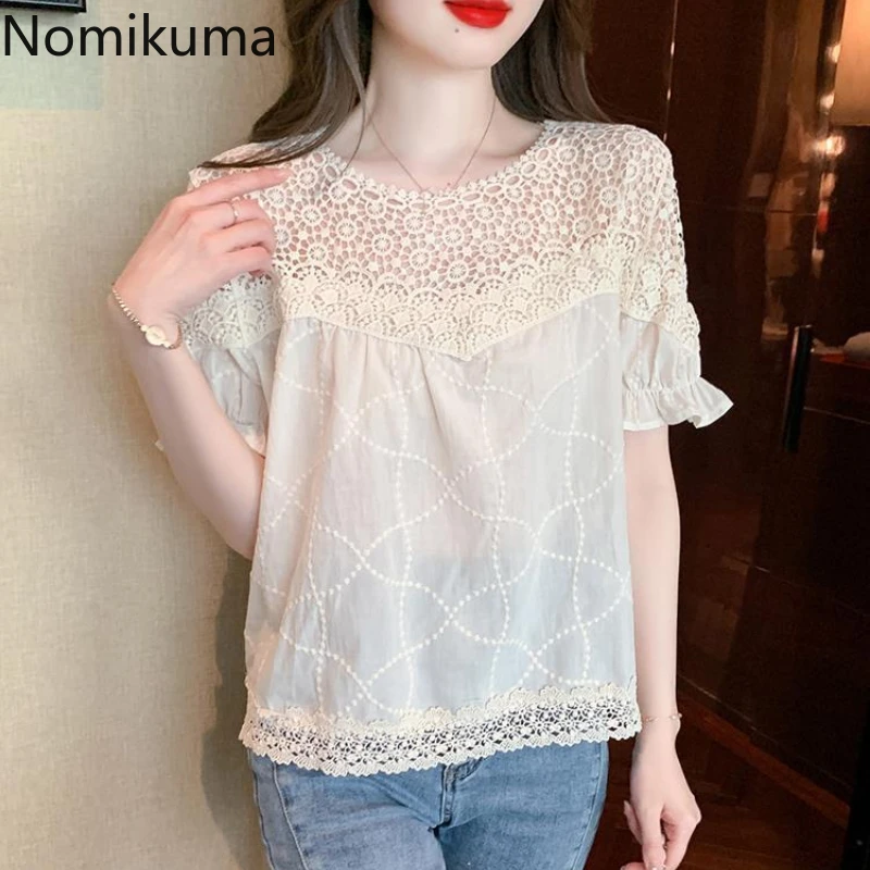 Summer Women Blouse Oversized Tops 2024 Blusas Mujer De Moda Patchwork Lace Short Sleeve Shirts Hollow Out Loose Vintage Blouses