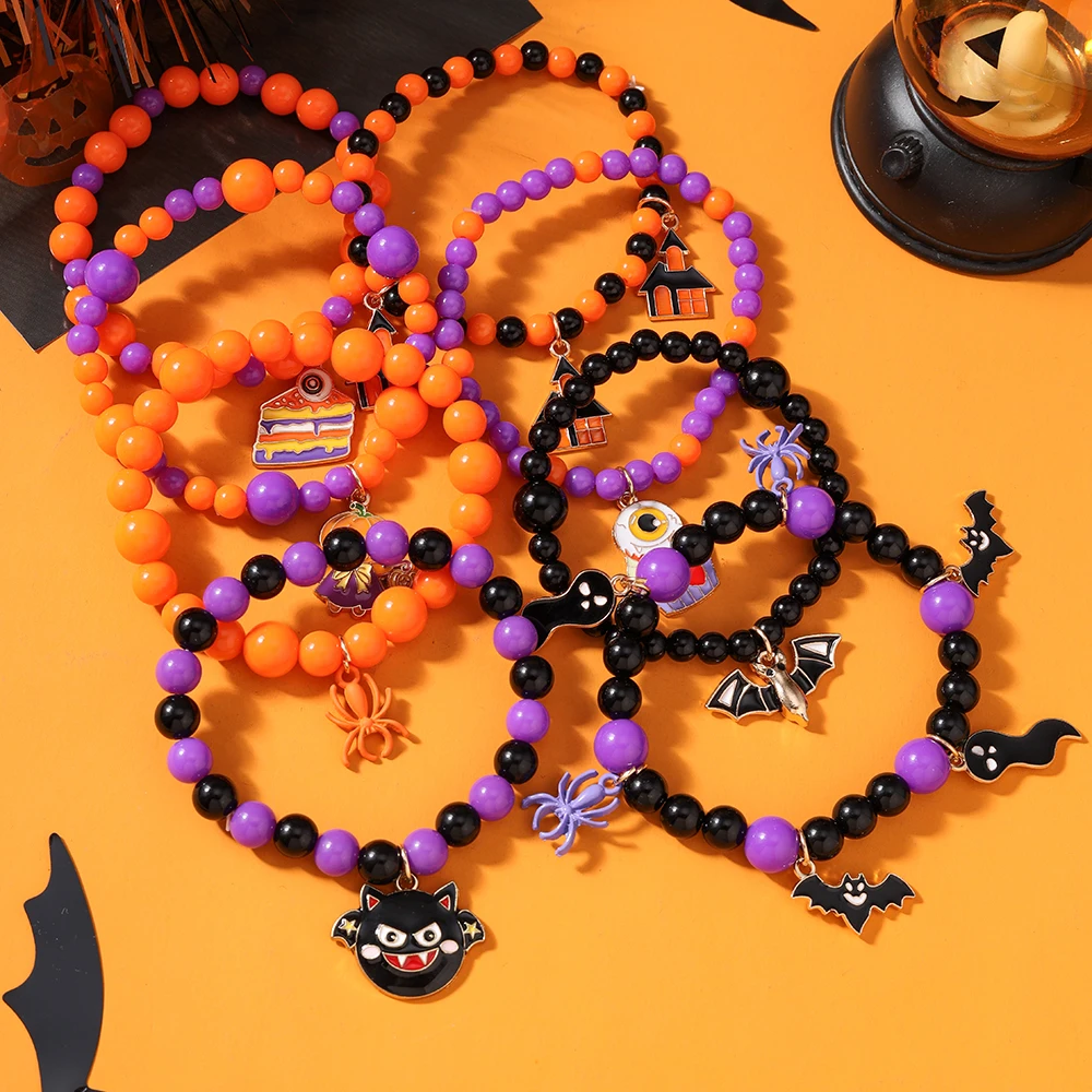 Aihua Gruselige Halloween Fledermaus Spinne Kürbis Armbänder für Frauen Männer Hip Hop Perlen Armbänder Halloween Schmuck Geschenke – Detail 1