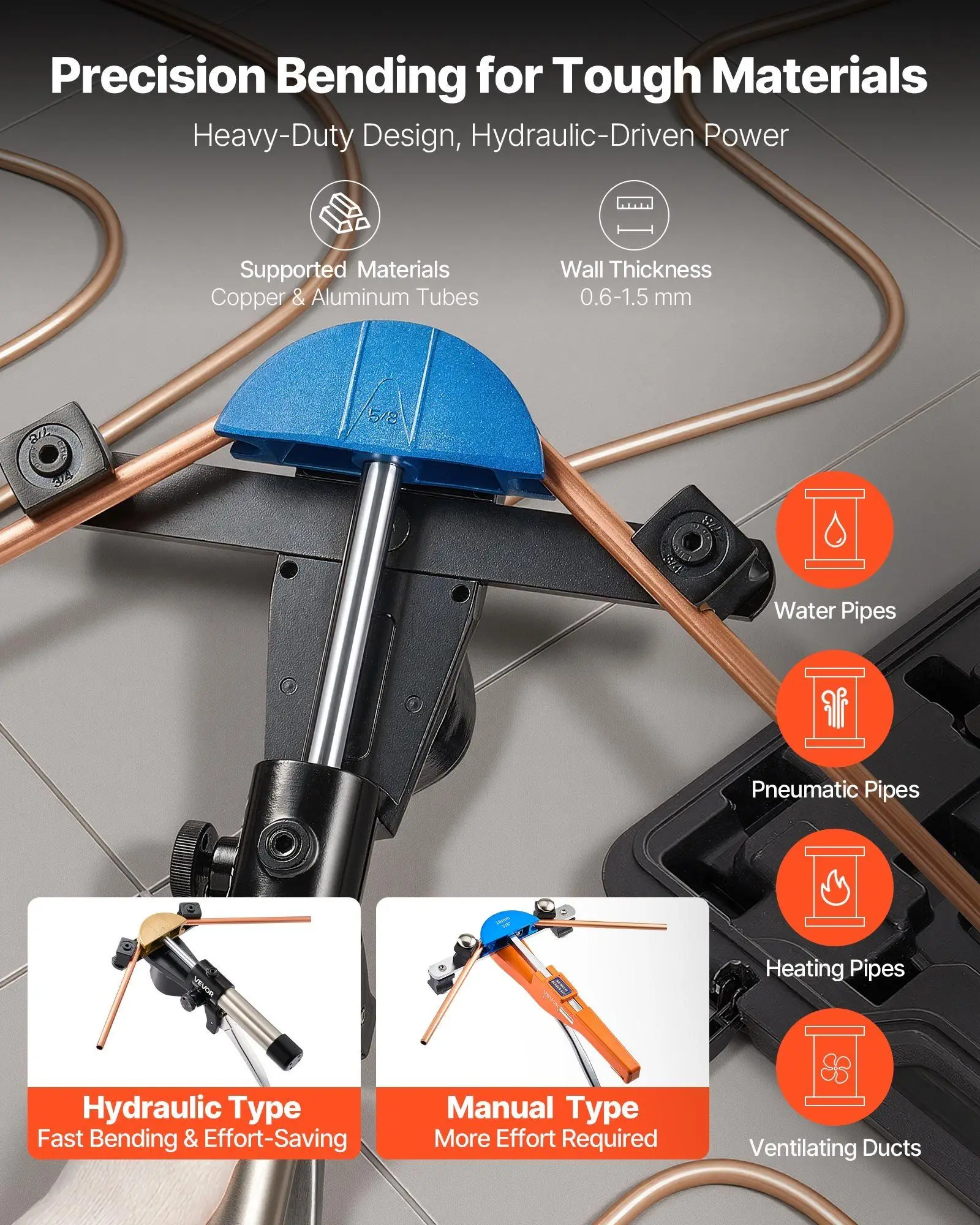 

Hydraulic Tubing Bender Kit, 1/4 to 7/8 Inch, Copper Tube Pipe Bender, HVAC Bending Tool Set, 90° Bend, with 7 Color Aluminium