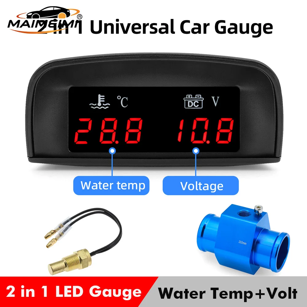 12V 24V Digital Car Water Temperature Meter + Water Temp Joint Pipe 1/8NPT Sensor Adapter Voltage LCD 2-in-1 Combination Table