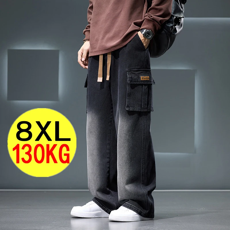 8XL جينز جديد واسع الساق غسل السراويل الرجال السراويل محايد بلون فضفاض عادية الكورية موضة جيب حجم كبير البضائع بانت #1