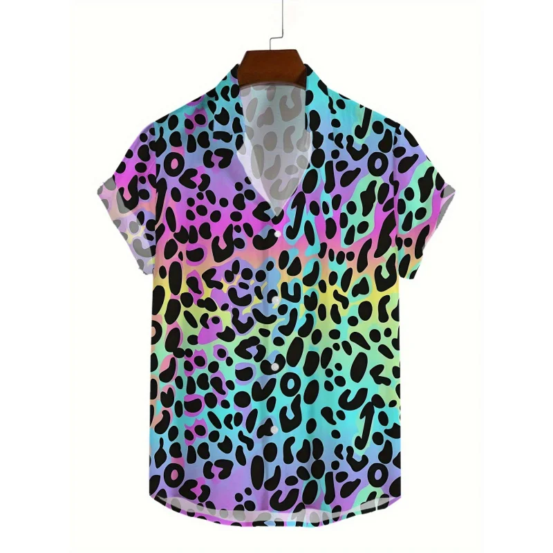 Camicia casual estiva in poliestere traspirante - Colletto abbottonato sfumato con stampa leopardata da uomo per le vacanze al mare, lavabile in lavatrice