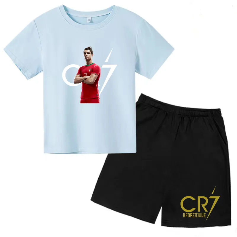 Kids T-shirt 3-12Y Boys Girls Toddler Tracksuit Idol CR7 Print Sports Training Short Sleeve Top Shorts Charming Casual Clothing