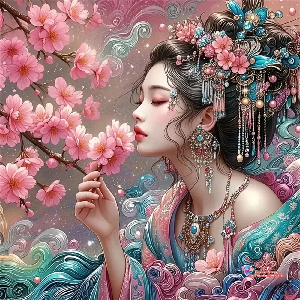 Elegant Lady Traditional Attire with Cherry Blossoms 5D DIY Diamond Painting Set with Square and Round Diamonds Handmade Gifts