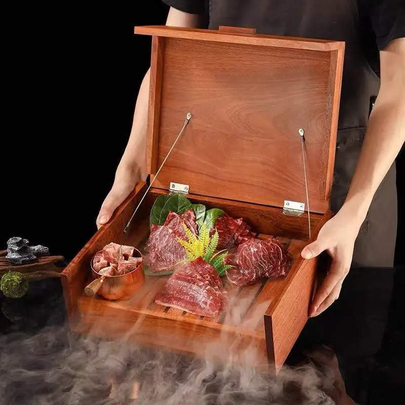 

Japanese Sushi Special Hot Pot Korean Barbecue Shop Dry Ice with Cover Smoking Art Concept Dishes Creative Wooden Box Tableware