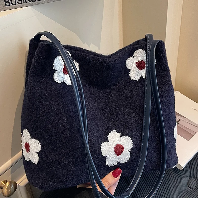 

Fashion Flower Embroidery Woolen Women's Shoulder Bags Simple Bowknot Female Underarm Bags Casual Versatile Ladies Handbag