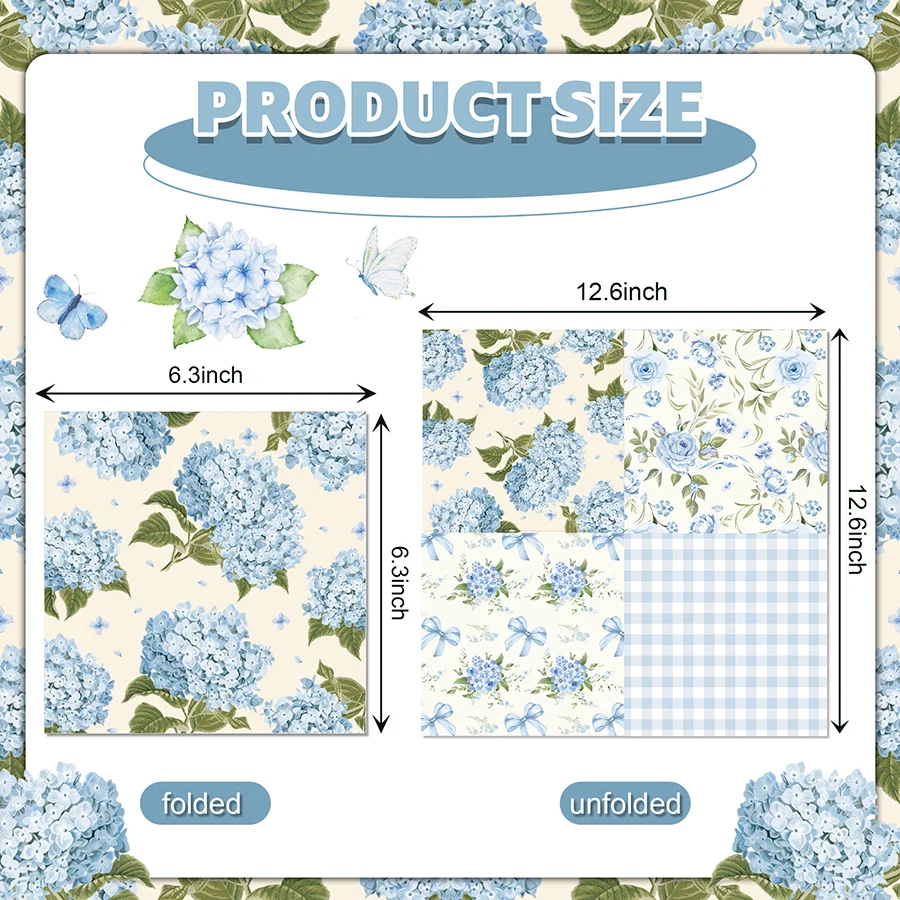 20Pcs Blue Hydrangea Watercolor Floral Paper Napkins Disposable Serviettes for Bridal Shower Cottagecore Tea Party Decoupage Dec