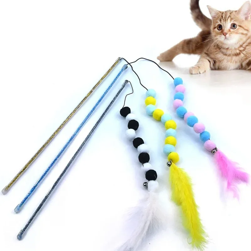 Cat Toy Feather Cats Sticks Ball String Cat Toys Interactive Wool Ball Toys for Cats Stick Kitten Toy with Bell Pet Products Toy