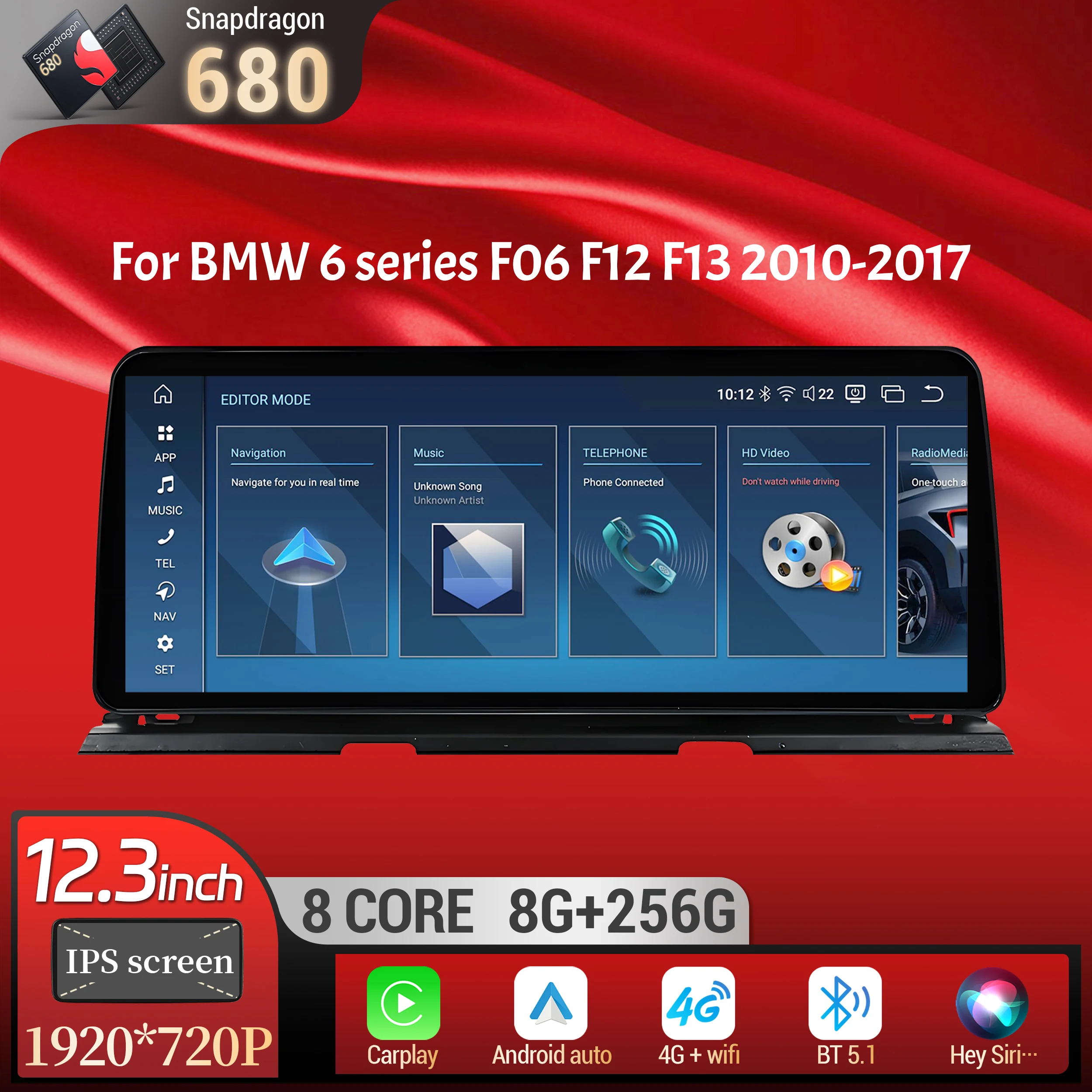 

12.3 inch Android 13 For BMW 6 series F06 F12 F13 2010-2017 Car Radio Wireless Bluetooth Carplay Head Unit Snapdragon 680 Screen