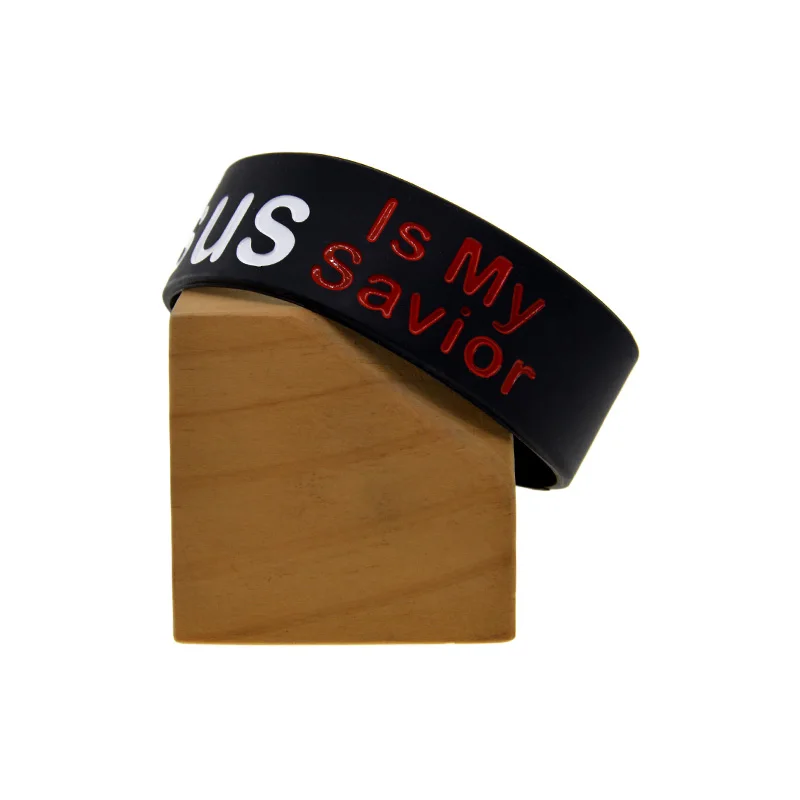 1 PC 1 Inch Wide Silicone Rubber Wrist Band 'Jesus Is My Savior' Religious Bible Verse Bangel Black