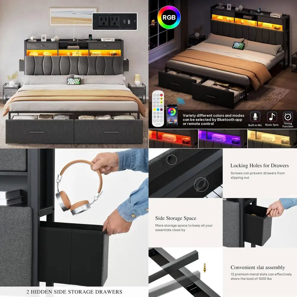 

Кровать-платформа размера Queen с льняной обивкой, ящиками для хранения, зарядной станцией, светодиодной подсветкой, металлическим каркасом, серая