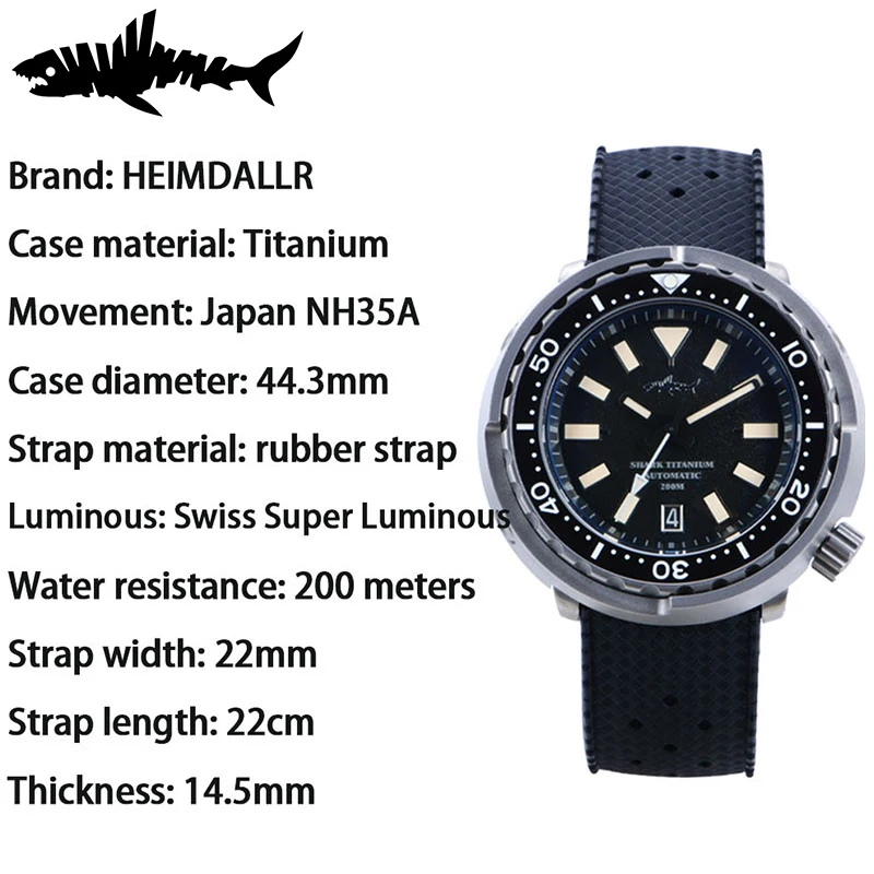 HEIMDALLR Titanium Tuna Retro Watch Grey Dial Luminous Sapphire 20Bar Waterproof Ceramic Bezel NH35 Automatic Mechanical Watches