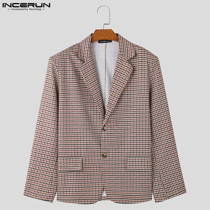 INCERUN Men Clothing Fashion Plaid Long Sleeve Men Thin Blazer Autumn Suits Male Streetwear Oversized Lapel  Outerwear S-5XL