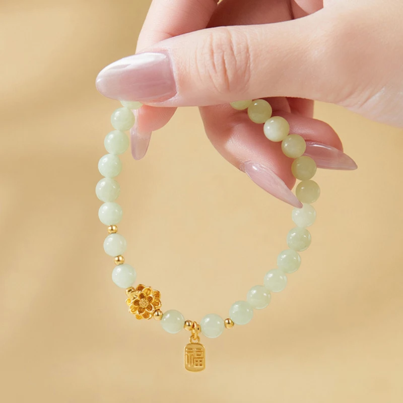 

Hetian Biyu 6mm Lotus Flower Bracelet Women's Style Paired Green Jade Bracelet Single Circle Buddha Bead Jade Handstring Jewelry