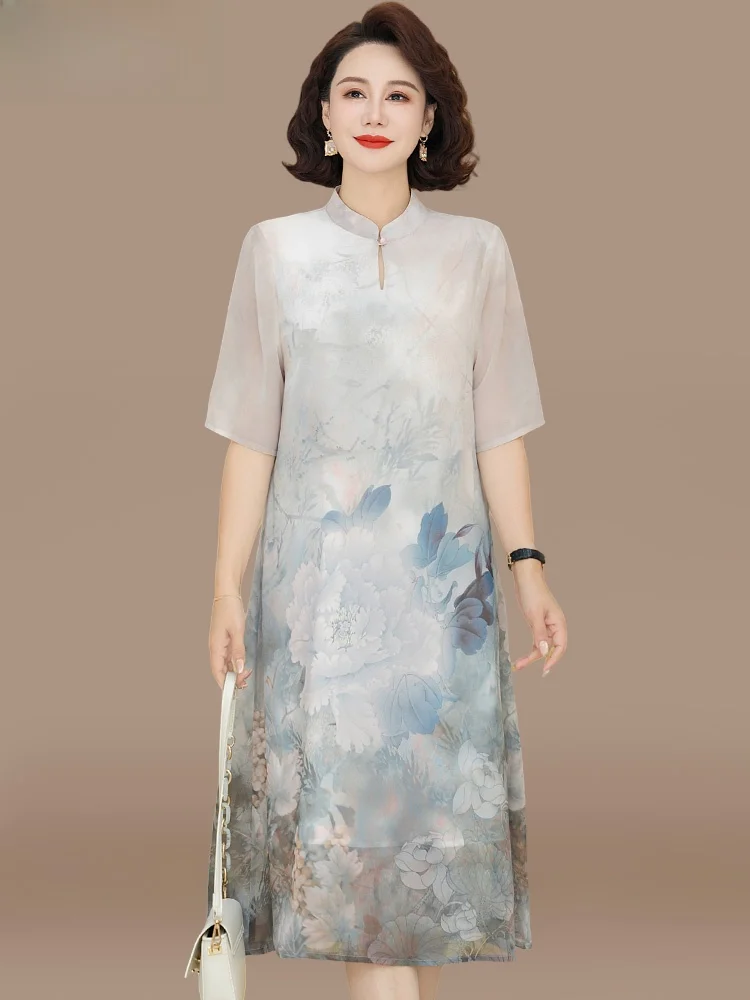

New Chinese Sle Summer Faion Long Midi Dr for Mommy Women over 40 Years Old Polyester Chiffon Big Size Skirt