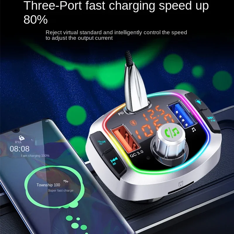 BC63 Dual-Screen Car Bluetooth MP3 Player with PD/QC3.0 Fast Charging, Ambient Light Effect, and FM Transmitter