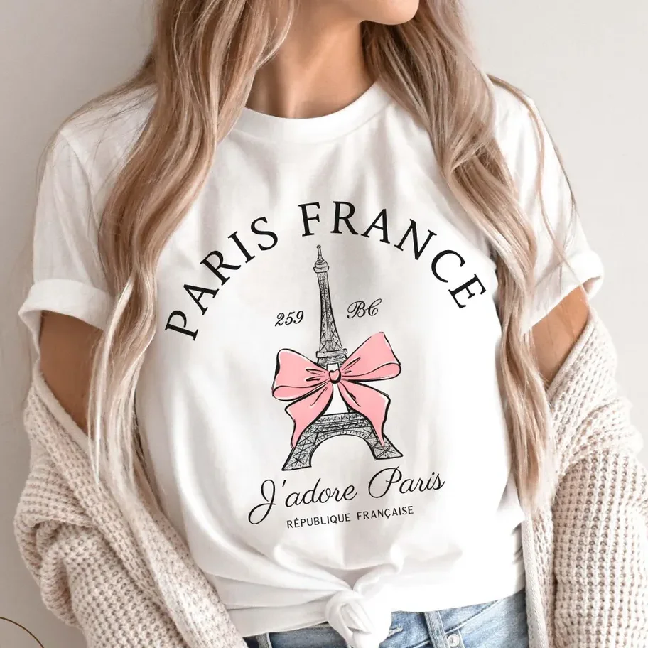 Eiffel Tower Shirt, Paris T-shirt Pink Rose Floral Eiffel Tower Vintage Paris Gift French Paris Souvenir Women Clothing Fashion